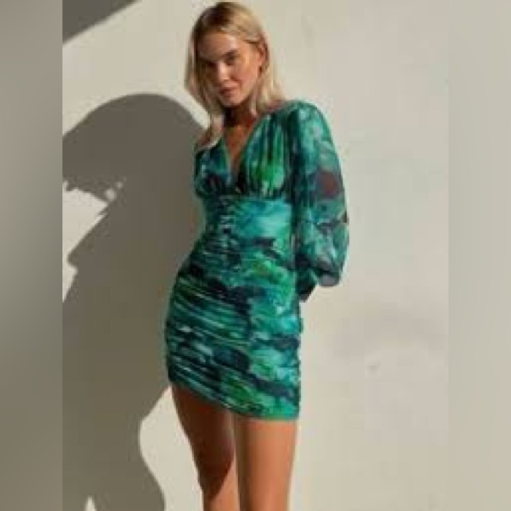 NWT Runaway The Label, Litsa Ruched Mini Dress Sheer Sleeve Party Formal Size S